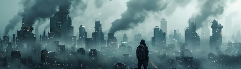 Digital artwork of a futuristic city with heavy CO2 pollution Buildings covered in grime, people wearing masks Dark, dystopian atmosphere