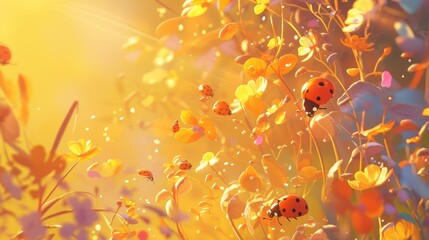 Picture a scene with ladybugs crawling on a white board against the backdrop of stunning nature