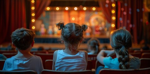 On Children's Day, children watch a puppet show in a theater, sitting in the seats facing away from them. The show has a concept aimed at children.