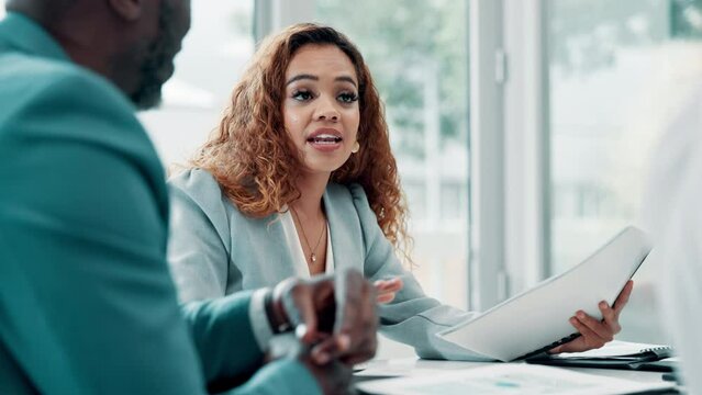 Meeting, businesspeople and manager with discussion in office for teamwork or planning. Firm, lawyer and paralegal with trust or topic with legal, solicitor and attorney for court case in London