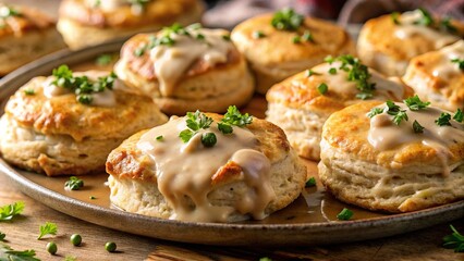 Close up of freshly baked biscuits covered in savory gravy - Powered by Adobe