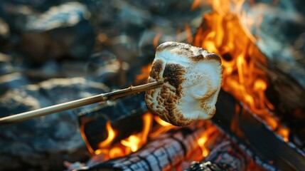 Roasted marshmallow on skewer over a campfire ready to eat sweet treat for outdoors