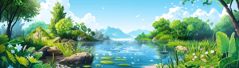 Illustration of a natural water purification system using plants Wetland environment with labeled plants and their functions Educational style, bright and colorful