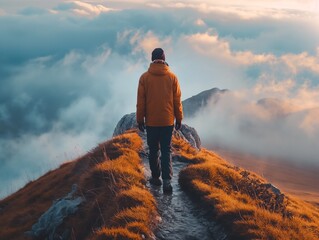 A man in a yellow jacket stands on a hillside looking out over a cloudy sky. Concept of solitude and contemplation, as the man is alone on the mountain and seems to be lost in thought