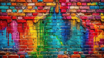 Colorful patterns & textures of sprayed paint on grungy brick wall, urban graffiti art