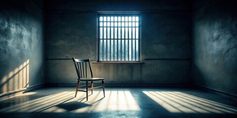 Lonely chair in a dimly lit room with a barred window