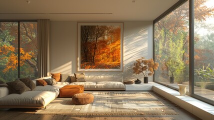 home decor for autumn, orange throw pillows and a beige rug in the living room add warmth and coziness, perfect for the autumn ambiance