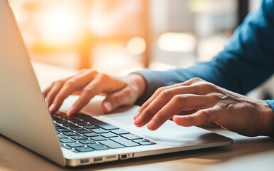 A person using a laptop, with a focus on the hands: one hand resting on the laptop's trackpad. The background is softly blurred, creating a warm and bright ambiance from natural light.