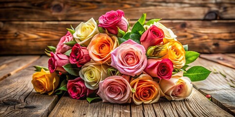 Beautiful bouquet of roses on a rustic wooden table