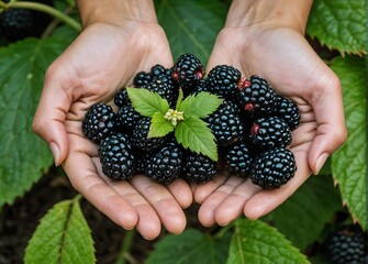 Ripe blackberries in woman hands on the sunny green garden background
