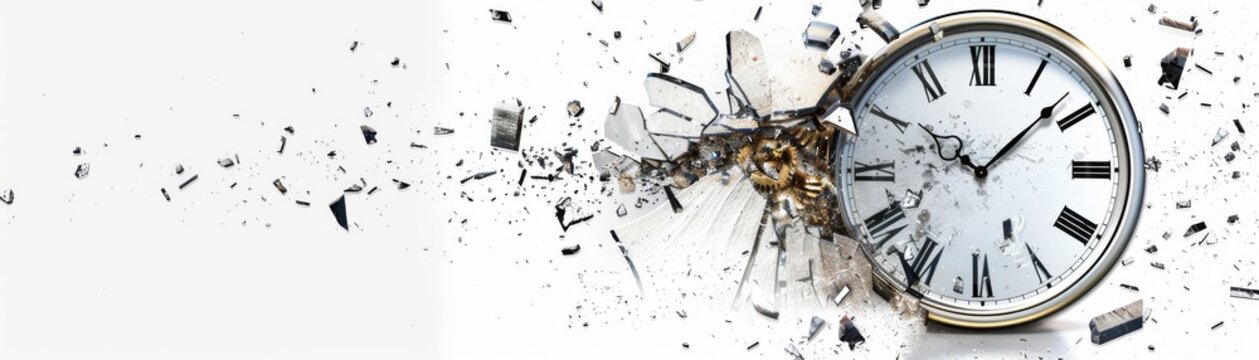Broken clock reflecting destruction with debris scattered around, isolated, clean white background