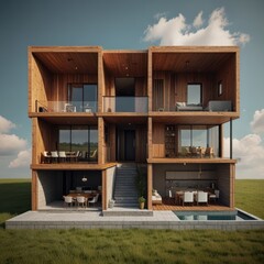 Modern home cross section, 3d rendering minimalist