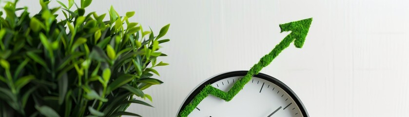 Obraz premium Clock representing growth with a green upward arrow behind it, clear white background, copy space