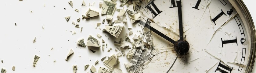 Closeup of a broken clock with shattered dollar signs behind it, isolated, white space