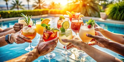 Close-up of hands toasting with summer cocktails at a poolside party with a sunlit, refreshing background
