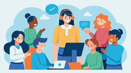 A group of volunteers huddled together in a training session learning the best ways to provide emotional support and resources to callers on the support hotline.. Vector illustration