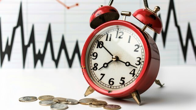 Broken clock with a downward financial graph in the background, isolated, white background, copy space