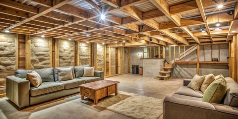 Rustic unfinished basement with wooden frames and insulation for a cozy vibe