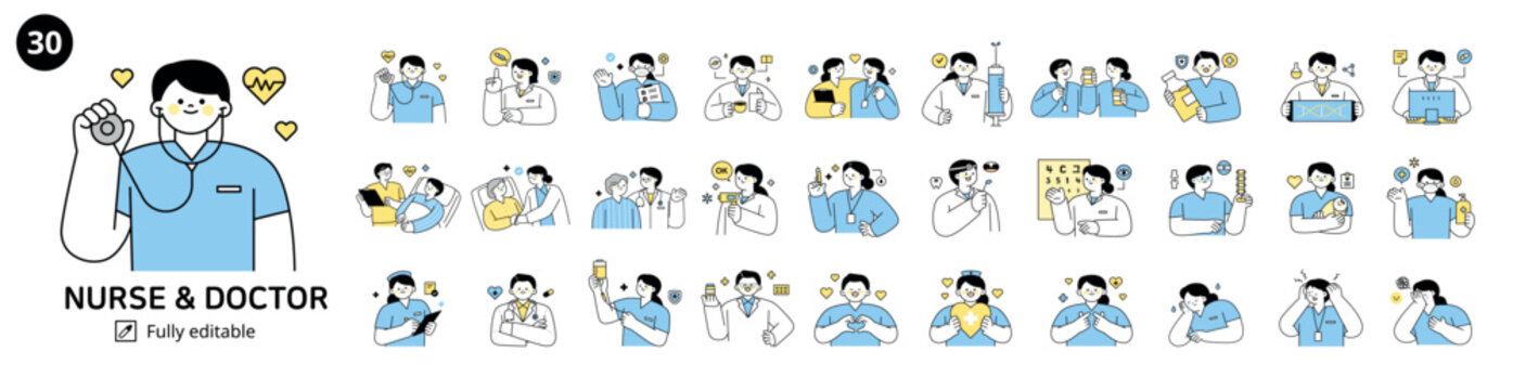 A collection of various medical worker characters. Hospital departments and emotional expressions. simple outline vector illustration.
