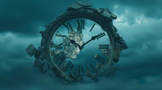 Broken clock face with a gloomy, cloudy sky in the background, clean and isolated, copy space