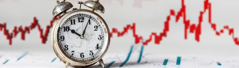 Broken clock with a downward financial graph in the background, isolated, white background, copy space