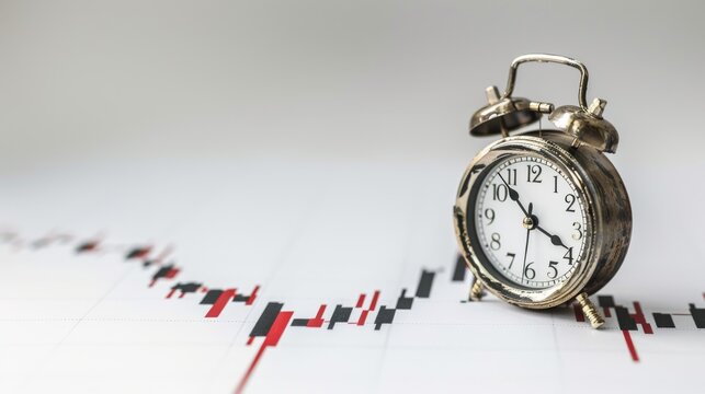 Broken clock reflecting financial decline with a downward graph in the background, isolated, clean white background