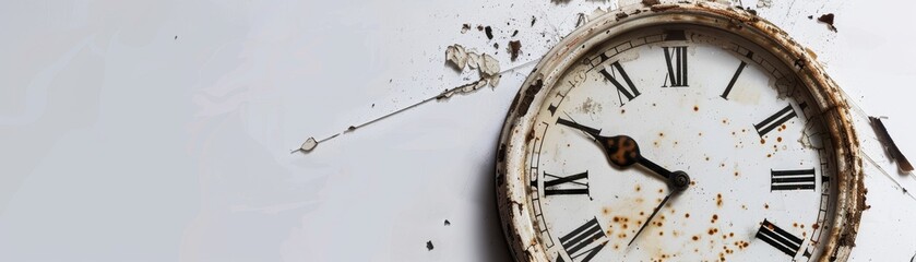 Broken clock representing decay with dim, dark lights behind it, clear white background, copy space