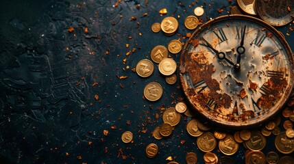 Broken clock with rusted coins scattered around on a dark background, isolated, copy space