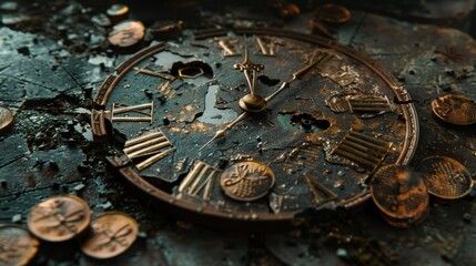 Broken clock showcasing decay with rusted coins around it on a dark background, isolated, plenty of space
