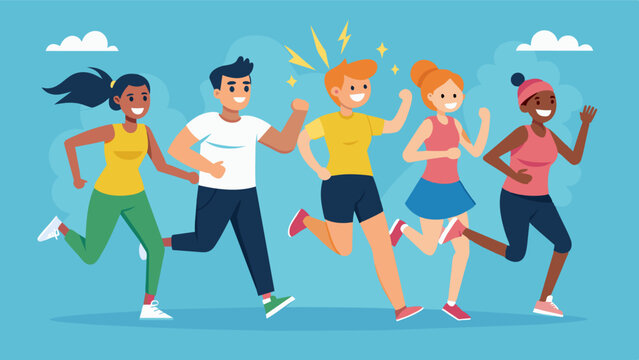 An unexpected burst of energy and laughter as a group of joggers take a quick break to perform a flash mob in the middle of their morning run.. Vector illustration