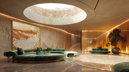 A luxury home, the room has an emerald green sofa and a circular ceiling decorated with transparent glass, allowing light to escape through the transparent glass as a striking focal point.