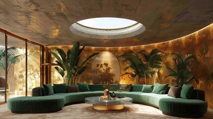 A luxury home, the room has an emerald green sofa and a circular ceiling decorated with transparent glass, allowing light to escape through the transparent glass as a striking focal point.