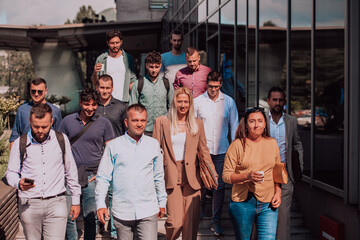 A diverse group of businessmen and colleagues walking together by their workplace, showcasing...