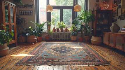 Obraz premium banner featuring vintage rug on hardwood floor with potted plants and woven baskets, embodying a stylish and cozy kinfolk aesthetic