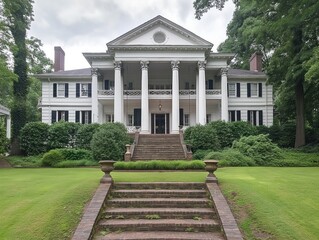 A large white house with a white front door and a white porch