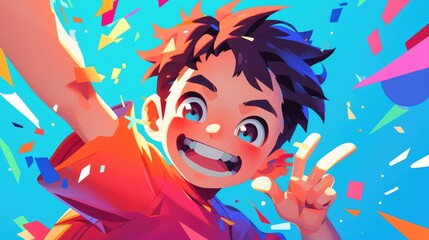 An illustration depicting a joyful young boy with wide eyes a beaming smile showcasing two tiny teeth brown hair and two little hands designed in a colorful 2d art style