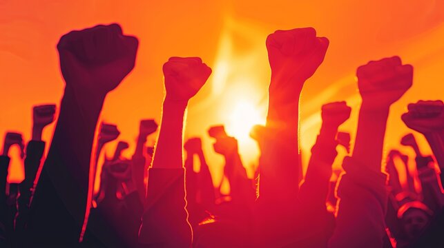 Crowd of activists expressing determination and unity with raised fists