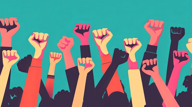 Crowd of activists expressing determination and unity with raised fists