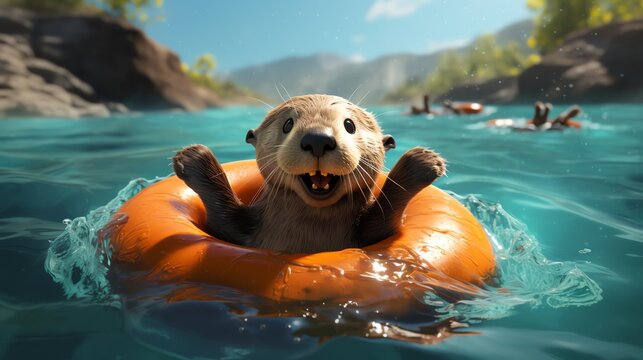 A round little otter is practicing synchronized swimming