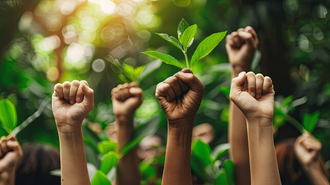 A group of activists with clenched fists, demanding action on climate change