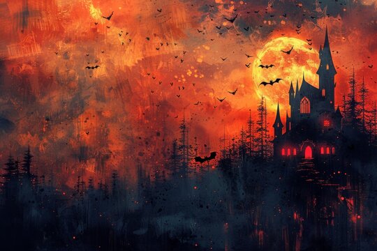 haunted house illustration, get in the halloween spirit with a spooky watercolor background featuring a haunted house and bats great for festive decor