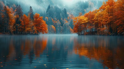 fall foliage forest, a peaceful lake encircled by trees displaying golden and red leaves, embodying the beauty of autumn in the woods