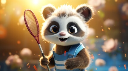 A tiny panda is holding a badminton racket, ready to play