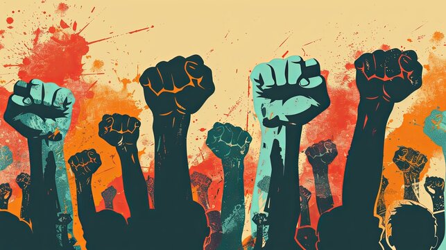 Unity and cooperation among demonstrators, fists raised in solidarity