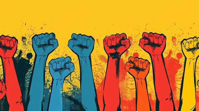 Unity and cooperation among demonstrators, fists raised in solidarity