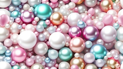 White and golden pearls, beads, 3d render balls, spheres, round shapes backgorund.