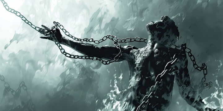 Unshackled Potential: A figure gracefully casting off a chain, revealing an unrestricted landscape of possibility and growth, symbolizing the freeing of one's self from limitations and the unleashing 