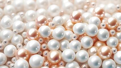 White and golden pearls, beads, 3d render balls, sphares, round shapes backgorund.