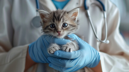 a veterinarian examining of the kitten in the vet clinic