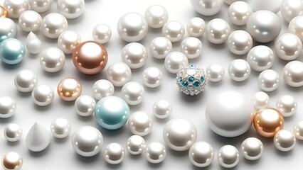 White and golden pearls, beads, 3d render balls, sphares, round shapes backgorund.